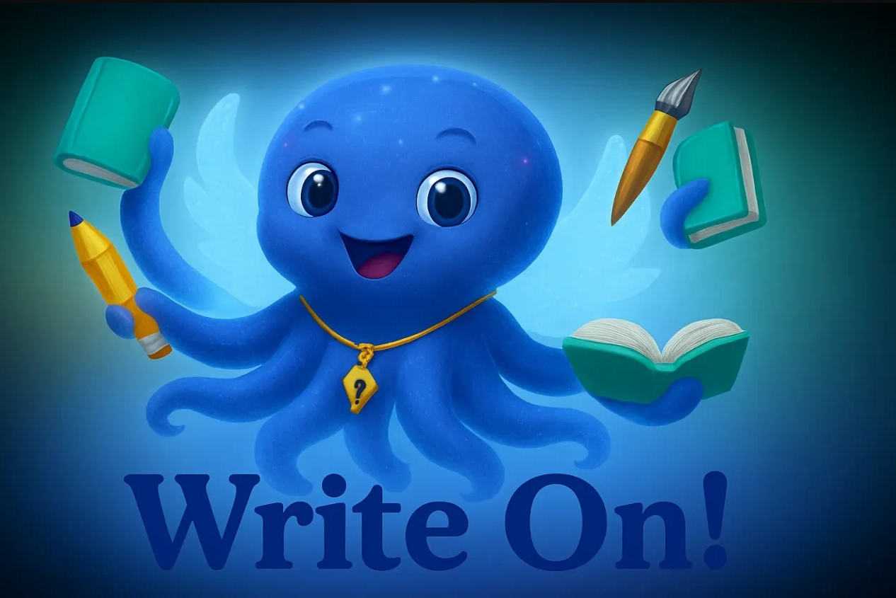 Inki the octopus holding books, a pencil, and a brush, with the words Write On!