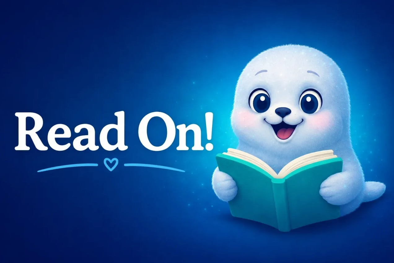 A seal reading a teal book beside the words Read On!