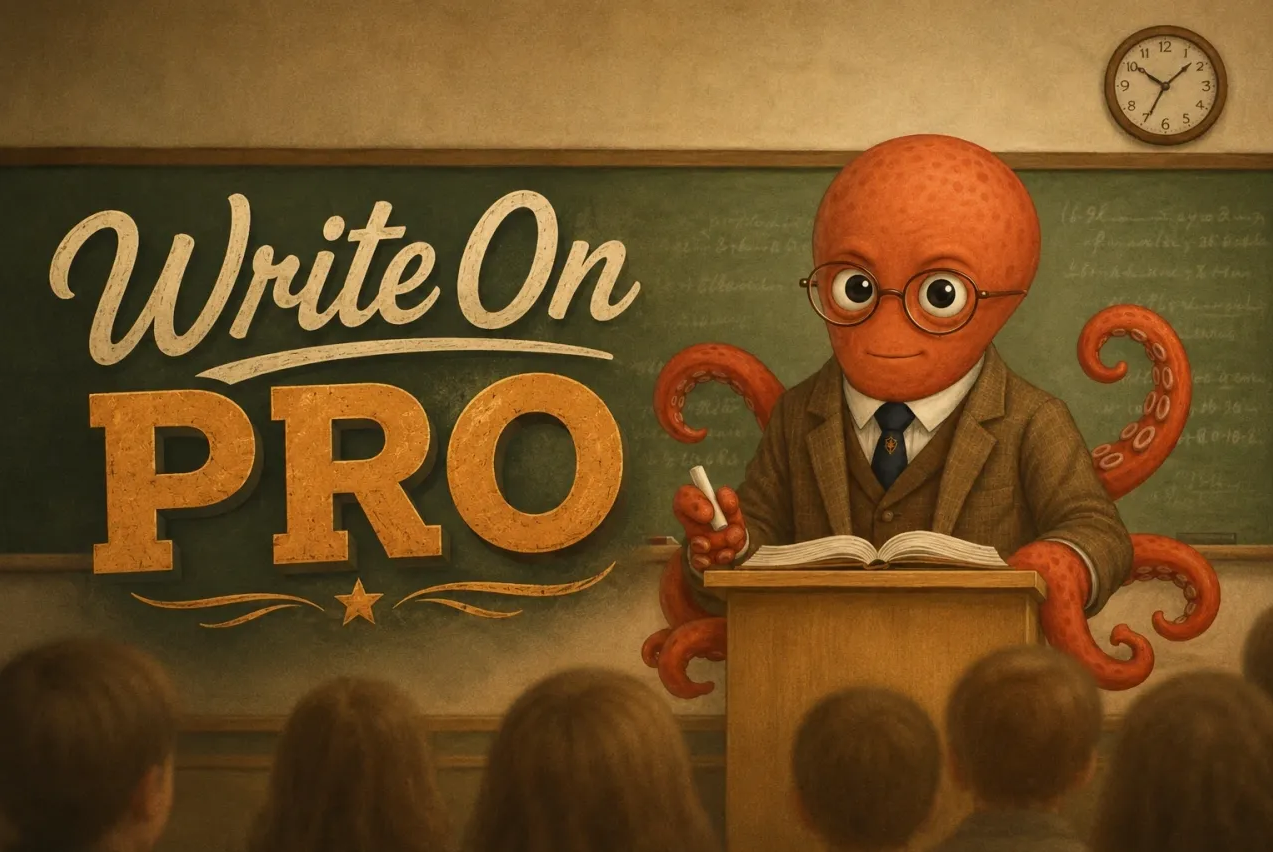An octopus teacher at a classroom podium beside the words Write On Pro