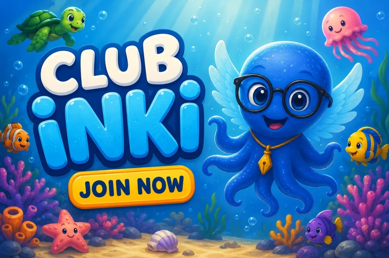 Inki underwater with sea friends beside the words Club Inki, Join now