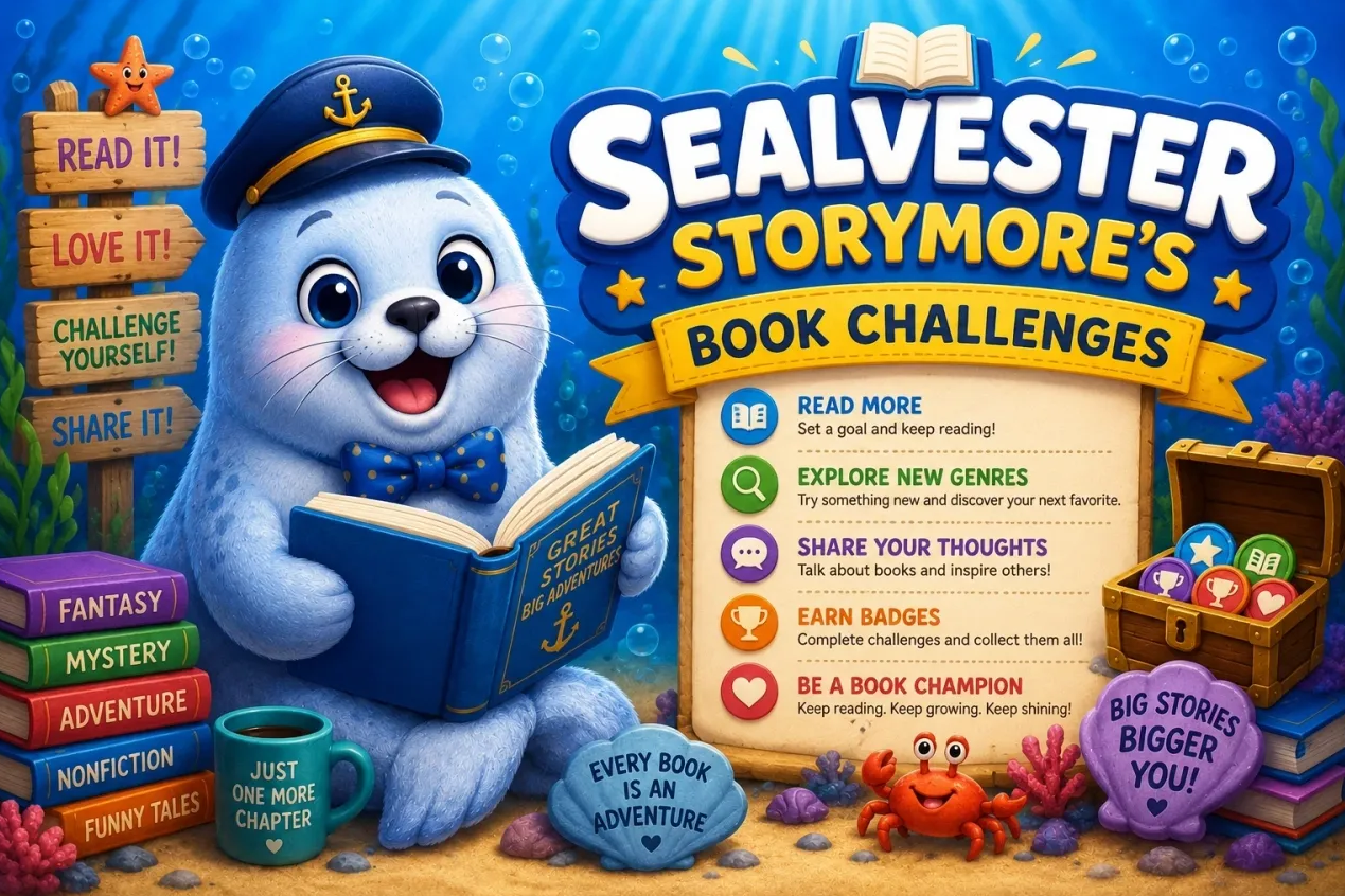 A seal in a captain's hat beside Sealvester Storymore's book challenges